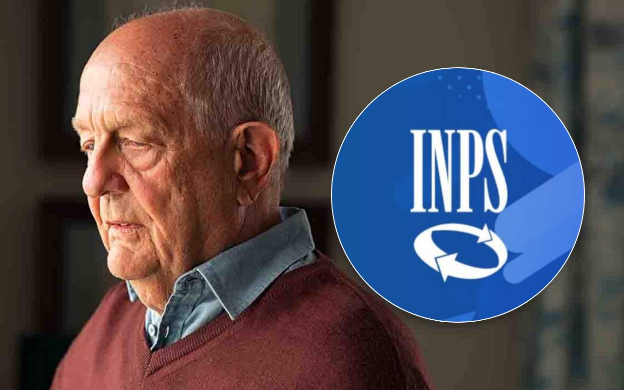 Anziano che guarda alla finestra stupito e logo INPS