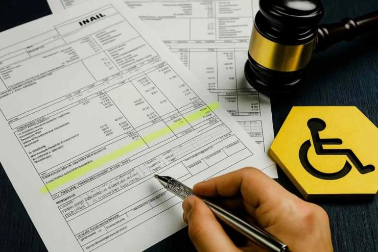 Busta paga, martello giudice e simbolo disabilità