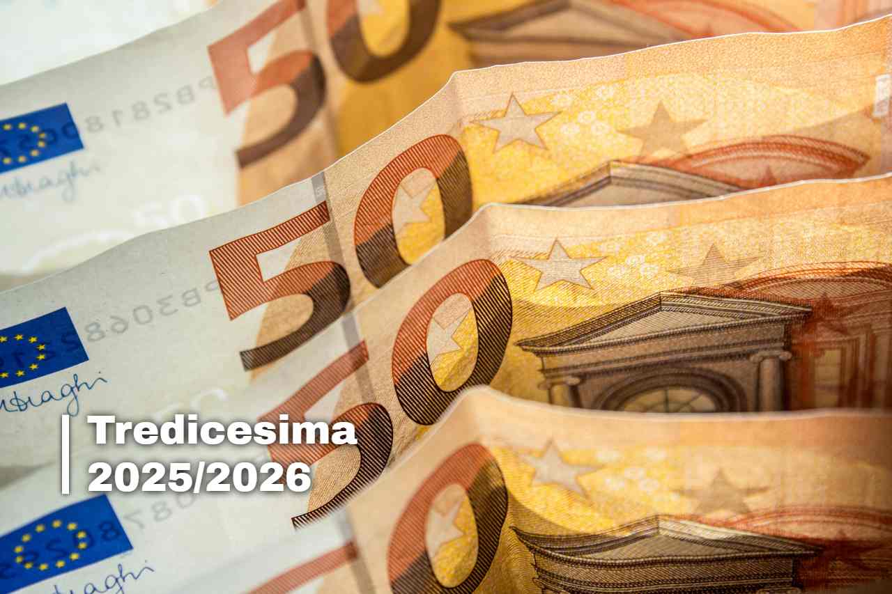 Banconote da 50€ e scritta "Tredicesima 2025/2026"